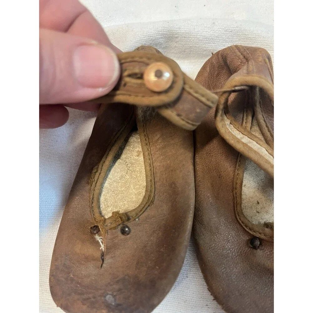 Antique Vintage Baby Shoes Brown Leather Ankle Strap Soft Sole Primitive